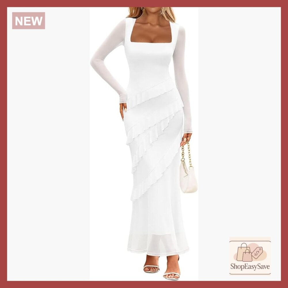 Sexy Ruched Bodycon Long Sleeve Square Neck Ruffle Maxi Dress Elegant Party Wear - Picture 1 of 6